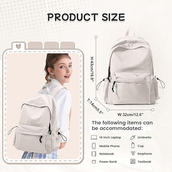 Beige Backpack for School Women Girls, Waterproof Bookbag Cute High School Back Pack for Men Teen Boys, Lightweight Travel College Backpack Mochilas Escolares para Casual Daypack Rucksack