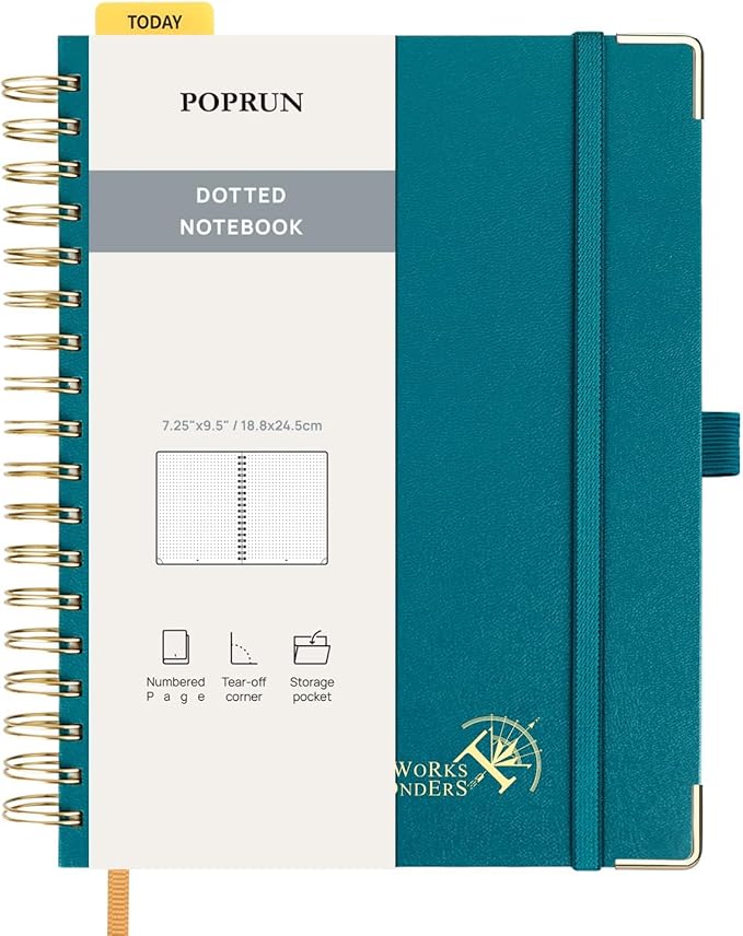 POPRUN Dotted Journal Spiral Notebook, B5-7-1/4 x 9-1/2", 220 Pages, 120 GSM Dot Grid Notebooks, Hardcover Spiral Journals for Writing Journaling Drawing Women Men Work School, Pacific Green