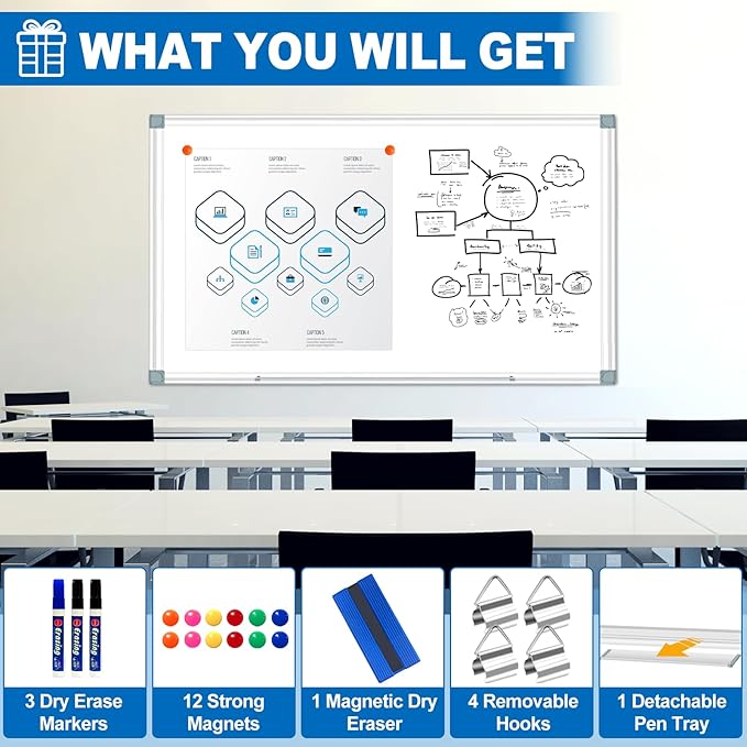 White Board Dry Erase Whiteboard for Wall 72" x 48" Aluminum Presentation Magnetic Whiteboards with 4 Hooks, 12 Magnets, 3 Markers & 1 Eraser