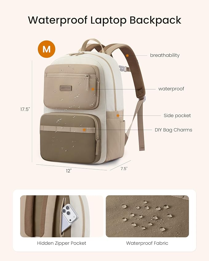 LOVEVOOK School Backpack for Teen Girls & Women,Laptop Backpack with Water Bottle Holder,Lightweight Work College Bookbag,Student Backpack for Middle High School,Beige-Khaki