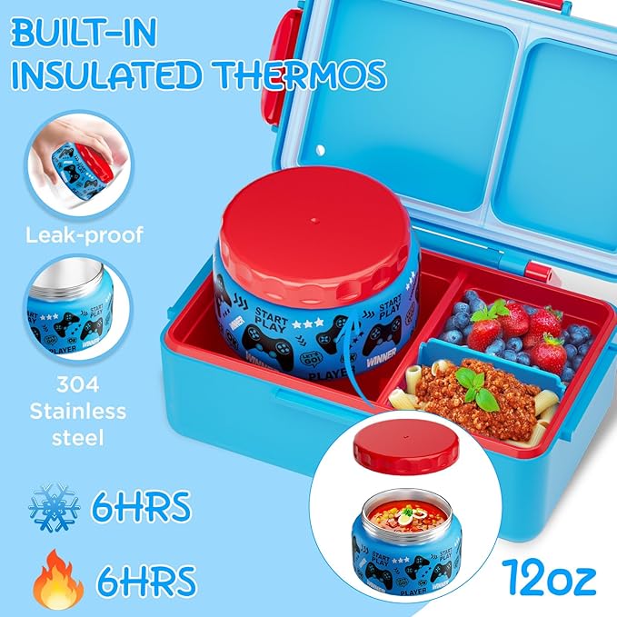 Game Kids Bento Lunch Box – 12 oz Stainless‑Steel Soup Thermo & 3‑Compartment Leak‑Proof Food Container with Built‑In Ice Pack, Insulated Food Jar for Boys & Girls, School & Travel