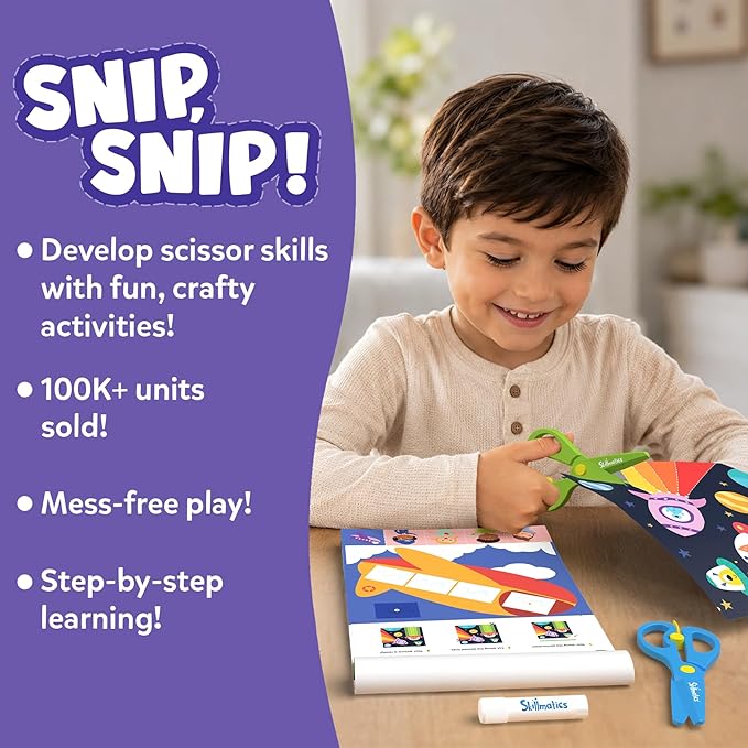 Skillmatics Scissor Skills Activity Book - Snip Snip, 25 Cutting Activities for Preschoolers, Felt Craft Kit, 2 Child-Safe Scissors, Fine Motor Skills, Screen-Free Fun, Gifts for Kids Ages 3-7