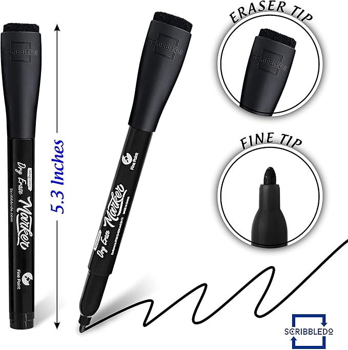 Scribbledo 36-Pack Black Fine Tip Dry Erase Markers with Eraser Cap | Low-Odor Whiteboard Markers for Office, Workplace & Professional Use