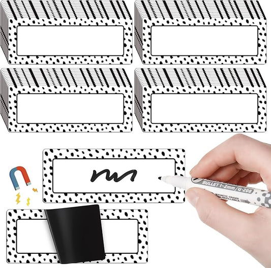 Eaasty 48 Pcs Dry Erase Magnetic Label Back to School Magnetic Name Labels Colored Black White Composition Dots Reusable Name Tag for Whiteboard Office Home(Not Include Pen)(Dots 1)
