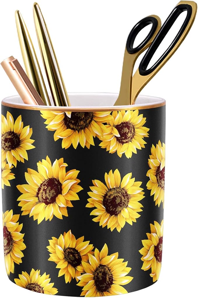Pen Holder, Cute Pencil Holder for Desk, Makeup Brush Holder Floral Pattern, Pencil Cup for Girls Women, Durable Ceramic Desk Organizer Flower Decor for Office, Classroom, Sunflower