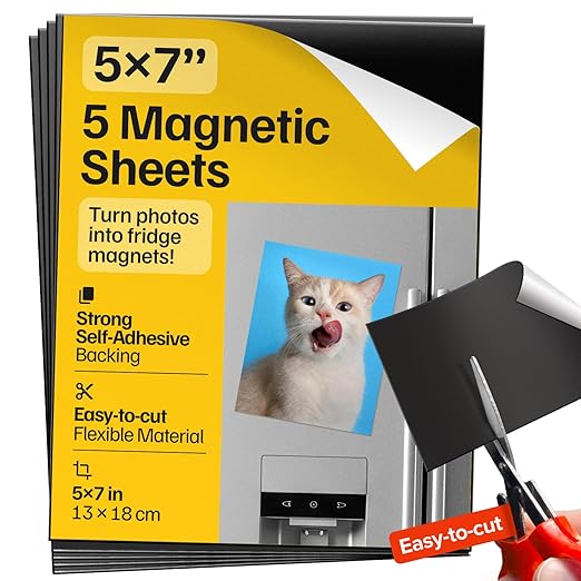 Strong Self-Stick Adhesive Magnetic Sheets 5 Pcs (5x7"/13x18cm) – Customizable Magnetic Paper for Photo, Magnet Stickers, Labels, Crafts; for Fridge, Lockers, Whiteboards, Office, Projects