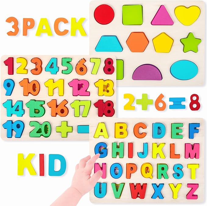 Attmu Wooden Puzzles for Toddlers, 3 Pcs Alphabet Puzzle ABC Shape Number Puzzle, Learning Toys for Kids, Preschool Educational Activities Toddler Gift Toys for Girls Boys Christmas Valentines Easter