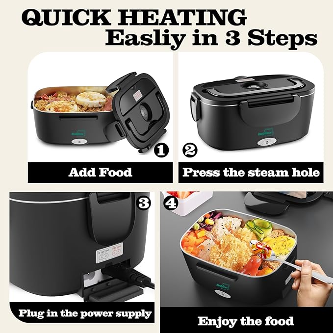 Buddew Electric Heated Lunch Box, 80W Fast Heating, 1.5L Food-Grade 304 Stainless Steel, 12V/24V/110V Portable Food Warmer for Car Truck Office Adults, Lonchera Electrica Portatil (Black)