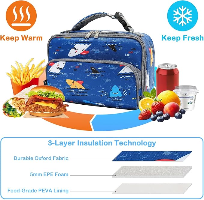 FlowFly Kids Lunch box Insulated Soft Bag Mini Cooler Back to School Thermal Meal Tote Kit for Girls, Boys, Colorful-Shark