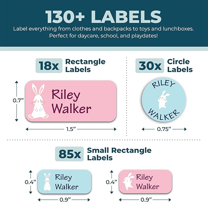 Bunny Badges Personalized Daycare Name Labels for Kids (130 Labels) - Custom Waterproof Name Stickers for Clothing Tags, Water Bottles, Lunch Boxes and School Supplies (Bunny)