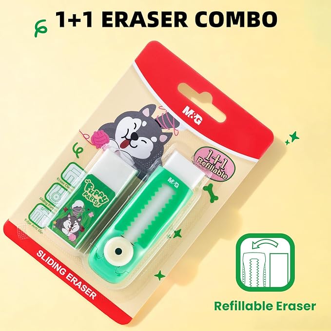 M&G 1+1 Pack Green Sliding Retractable Cute Eraser Set, Refillable Soft Large Rubber Eraser with Sleeve for Kids Students School Office Supplies