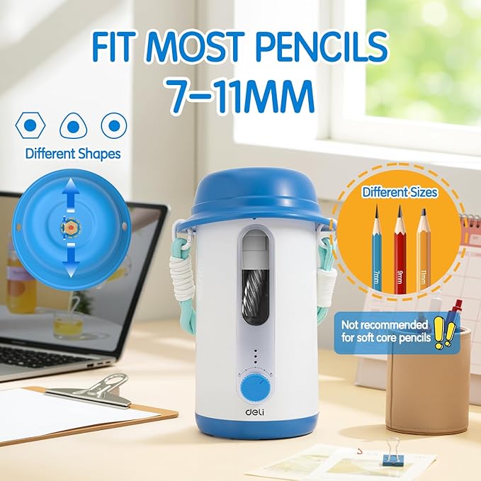 Electric Pencil Sharpener, Low Noise Fully Automatic Pencil Sharpener for Classroom,6.9-10.8mm Colored/Jumbo Pencils, Auto in & Out,Rechargeable Hands-Free Sharpener for Home/Office,Blue
