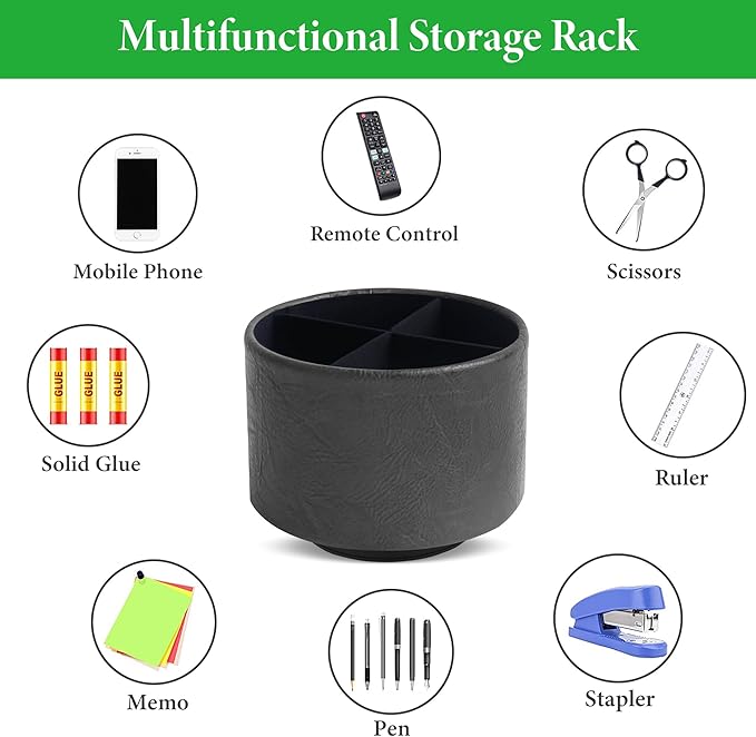 Round Leather Art Supply Organizer,Remote Control Holder,360 Degree Spinning,Multi-Functional Pencil Holder,4 Compartments Desktop Stationary Organizer(1-Crazy Black)