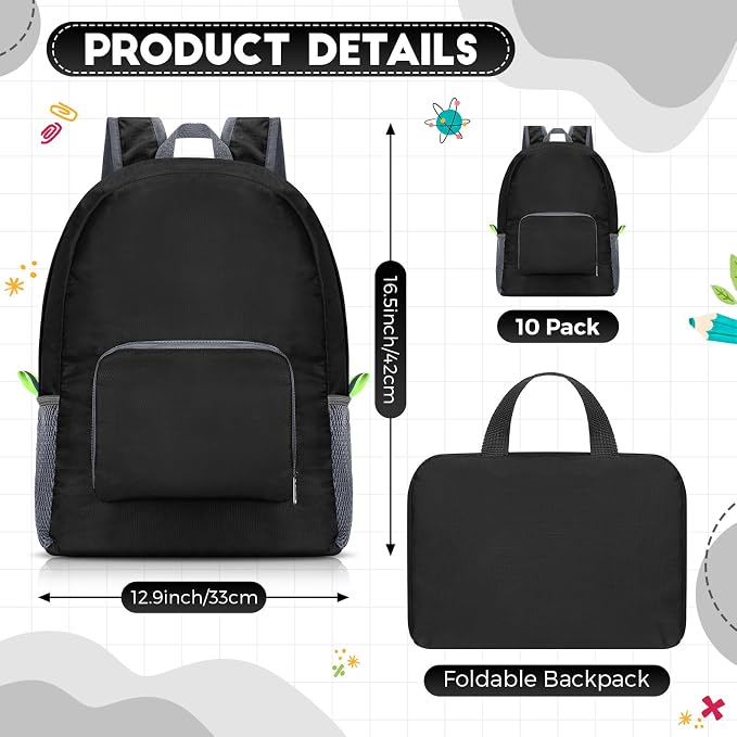 Jexine 10 Pcs Backpacks Bulk 16.5 Inches Lightweight Travel,Black | Basic Book Bags for School Outdoor, Foldable Storage, Ideal Students Adults Commuters, Bulk Backpack Set for Teams