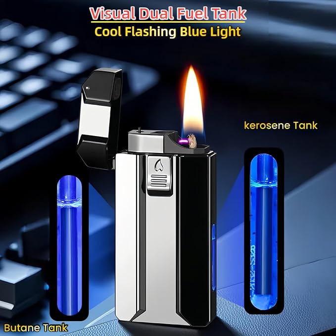 Smart Dual-Fuel Dual-Flame Lighter, Windproof Red Butane Torch & Kerosene Soft Flame, Arc Induction Ignition, Multiple Ignition Modes, Refillable & Rechargeable Lighters (Fuel Not Included)