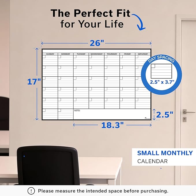 Small Dry Erase Calendar for Wall 17x26, Blank Office Reusable Family Month, Write Schedule Monthly Planner Erasable, Rolled Whiteboard White Board, Classroom Calendar Undated Dry Erase for Wall Kids