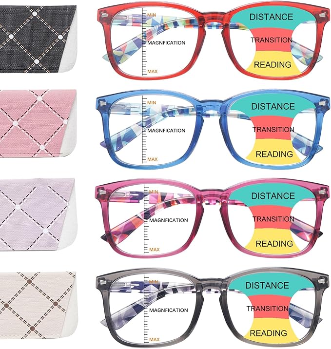 Progressive Multifocus Reading Glasses for Men and Women 4 Pack Computer Blue Light Blocking Multifocus Readers (4 Mix, 2.75, Diopters)