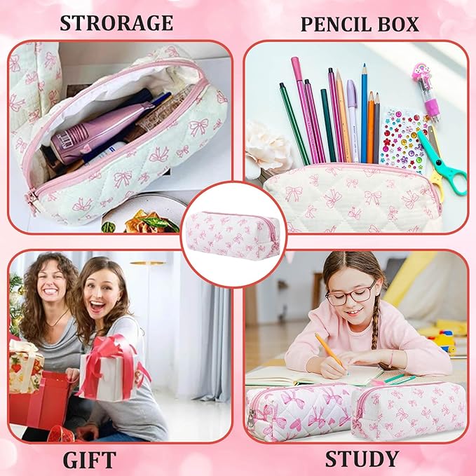 Pencil Pouch Cute Pencil Case Office Storage Bag Holder Box Organizer Aesthetic Bow Flower Pattern Makeup Pouch Cosmetic Bag for Women Girls