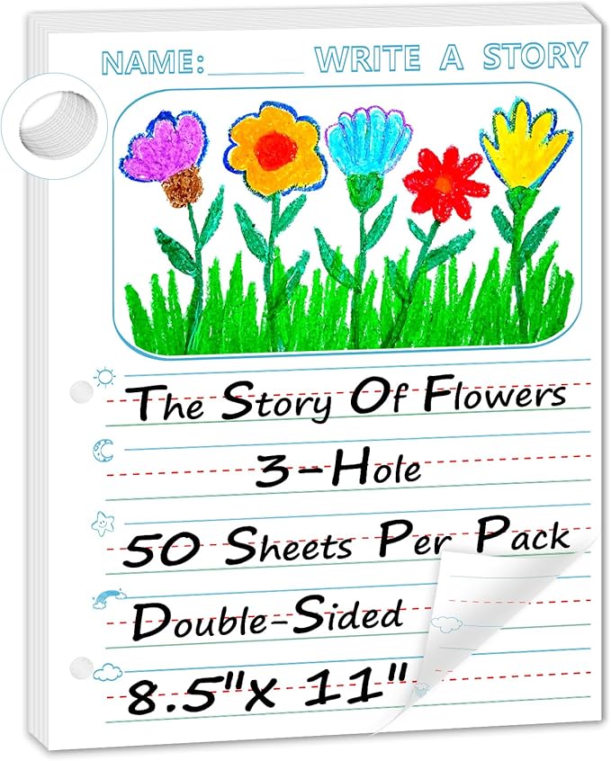 50 Sheets 8.5 x 11" Story Writing Paper for Kids Loose Leaf Draw and Write Paper 3/4" Long Rule Double-Sided K2 Write Story Handwriting Practice Paper Kindergarten Storybook Paper with Lines