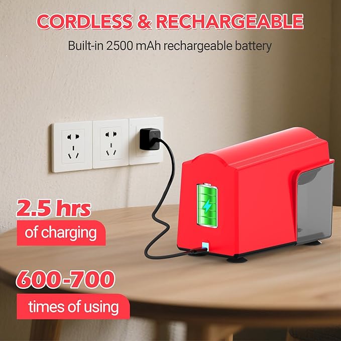 AFMAT Electric Pencil Sharpener Heavy Duty, 6 Holes, Cordless & Rechargeable, Super Fast, Auto Stop, 10K+ Uses, Classroom Pencil Sharpener for 6-11mm No.2/Large/Colored Pencils PSD4(Red)