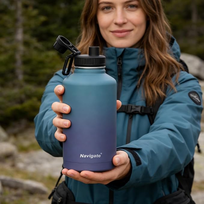 Navigate 64 oz Insulated Stainless Steel Sports Water Bottle with Spout & Handle Lids,Wide Mouth Water Jug with Double Walled Leak Proof Keep Cold for 24 Hrs Hot for 12 Hrs, Blue Gradient