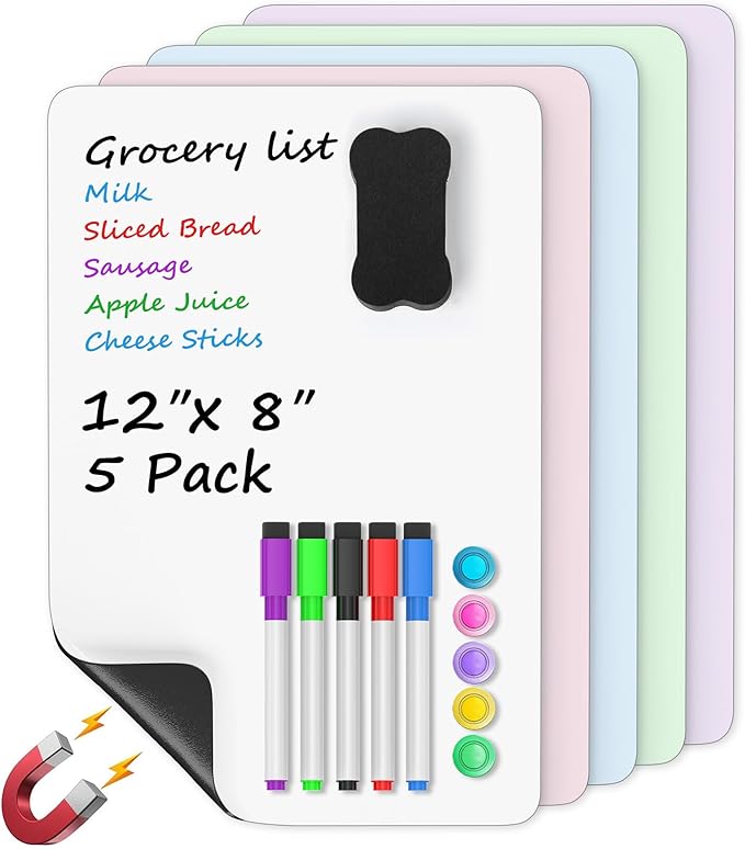 MaxGear 5 Pack Multicolor Fridge Whiteboard Magnetic, 12 x 8 Inch Dry Erase Board for Refrigerator, Reusable Kitchen Organizer, Colorful Planning Board, Includes 5 Markers, 5 Magnets and 1 Erase