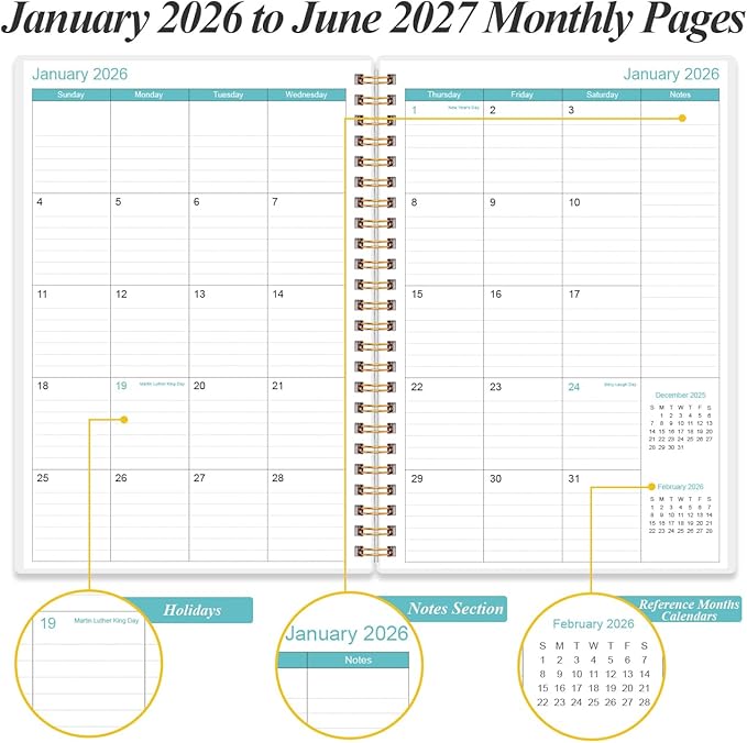2026-2027 Planner - 18 Months Weekly & Monthly Planner from January 2026 - June 2027, Spiral Notebook 2026-2027 with Elastic Closure, Inner Pocket, Medium 5.8" x 8.3", Rose Flower