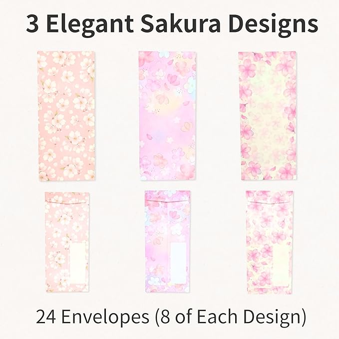 Japanese Cherry Blossom Envelopes 24 Pack (8 Pack x 3 Different Design Set), Made in Japan, Elegant Washi Paper, Self Sealing, Sakura 2026