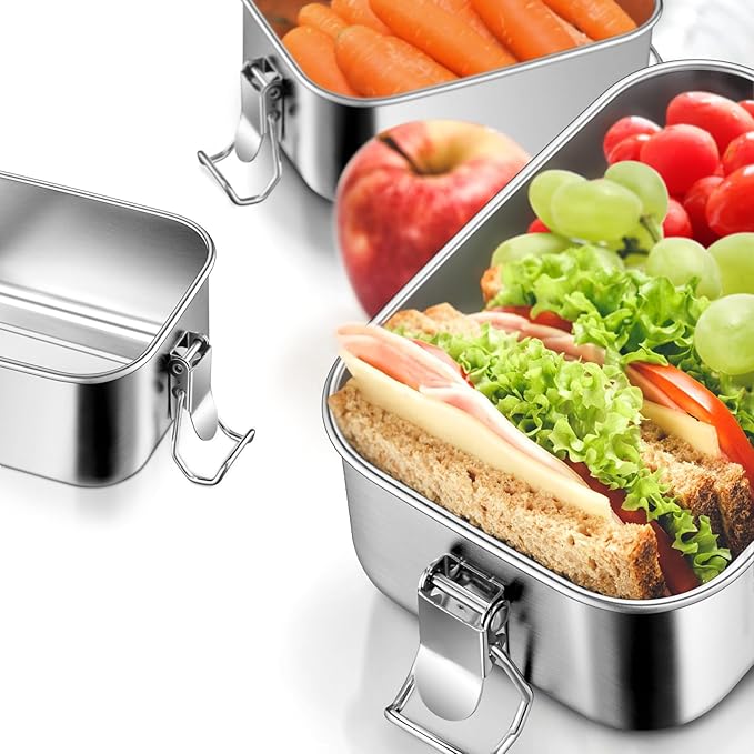Leonyo 2 Pack 18/10 Stainless Steel Lunch Box for Adults 47oz, 1400ml Metal Bento Box with Removable Divider, 3 Compartments Snack Lunch Containers for Woman Man, Leak-Proof, Dishwasher Safe