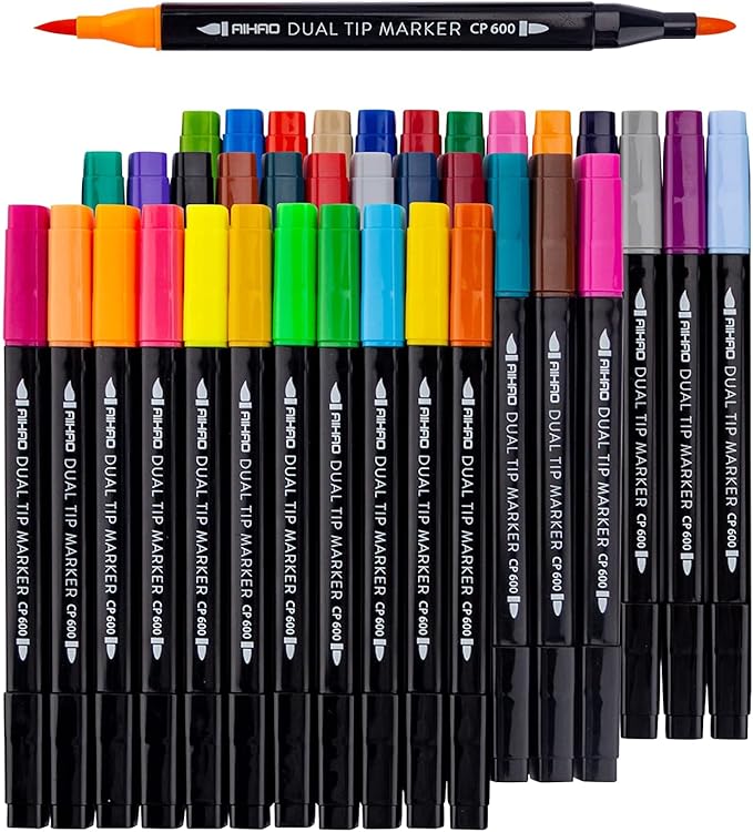 Markers for Kids,Dual Tip Markers Set, Brush & Fine Tips, 36 Pack, Super Washable Marker With Stand Portable Box, Coloring, Doodling, Sketching, Art Supplies for Drawing, Journaling