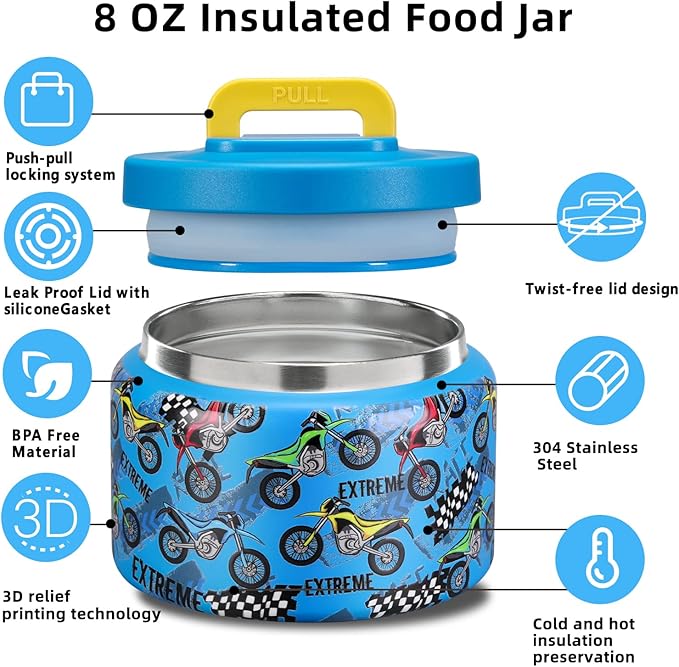 JXXM 8 Oz Thermo Food Jar for Hot & Cold Food for Kids, Insulated Lunch Containers Hot Food Jar,Leak-Proof Vacuum Stainless Steel Wide Mouth Lunch Soup Thermo for School (BLUE-Locomotive)