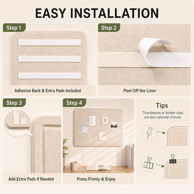 Felt Bulletin Board for Wall 24" x 18" Unfolded Size, Small Frameless Felt Pin Board, Soft Cork Board Alternative for Office, Home Planning, Notes, Photos & Wall Decor, Foldable Shipping, Easy Install
