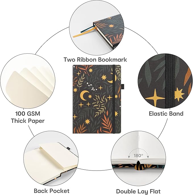 &And Per Se Hardcover Notebook – A5 5.7"x8" College Ruled, 160 Pages, 100gsm Thick Paper – Aesthetic Journal for Women, Gift-Ready Planner, Everyday Writing Notebook (Lunar Leaf)