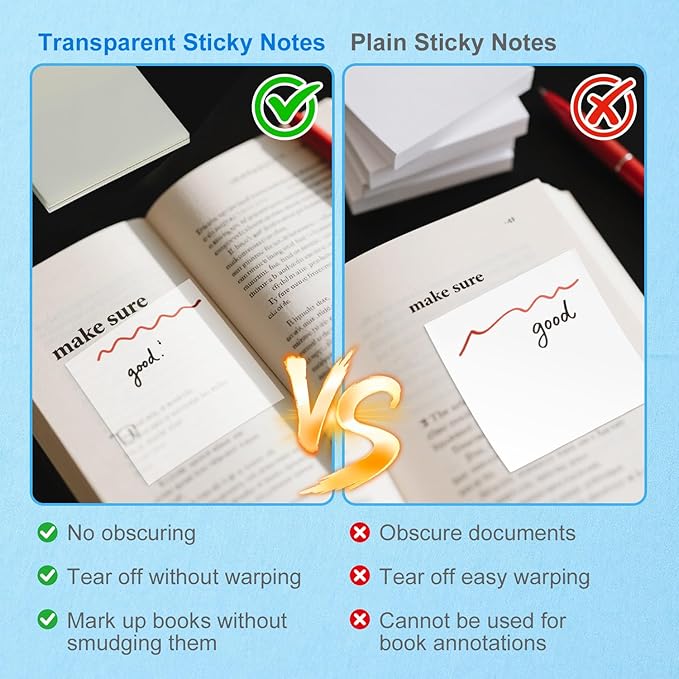 Transparent Sticky Notes,6 Pack 3x3 in，Clear Sticky Notes，Self-Adhesive Waterproof Translucent ，Clear Notes， for Bible,School, Office (White, 3 * 3 Inch)