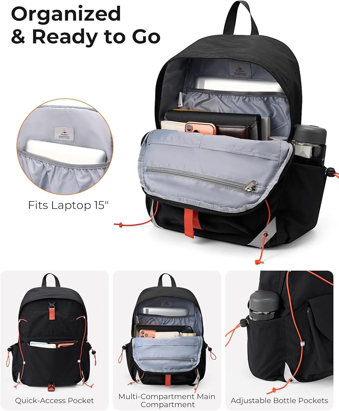 25L Travel Backpack Women Men, Lightweight College Backpack,Black | Casual Daypack, Water Resistant Bookbag, Fit 15.6-inch Laptop, Travel Commuting Gym Hiking Work Bag, TSA Friendly
