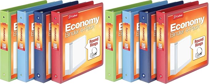 Cardinal 3 Ring Binders, Round Rings, Holds 350 Sheets, ClearVue Presentation View, Non-Stick, Assorted Colors (79550), 1.5 Inch, (Pack of 8)