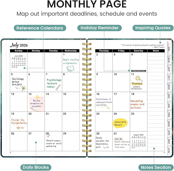 Planner 2026-2027, Academic Monthly and Weekly Calendar Planner for Women, July 2026 - June 2027, Hardcover Pretty Agenda Planner Book with Tabs, Spiral Daily Organizer for School Office Home Supplies, 6.3" x 8.5" - Whale Dreams