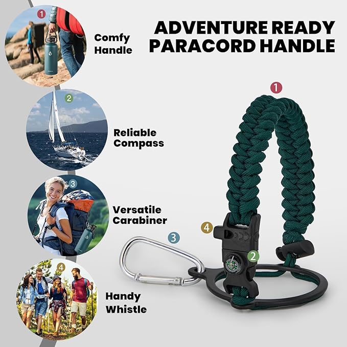 RAYMYLO Insulated Water Bottle 87 oz, Triple Wall Vacuum Stainless Steel (Cold for 48 Hrs), Leak Proof & Non-BPA, Modern Water Flask Jug with Paracord Handle & Straw Spout Lids, Dark Green
