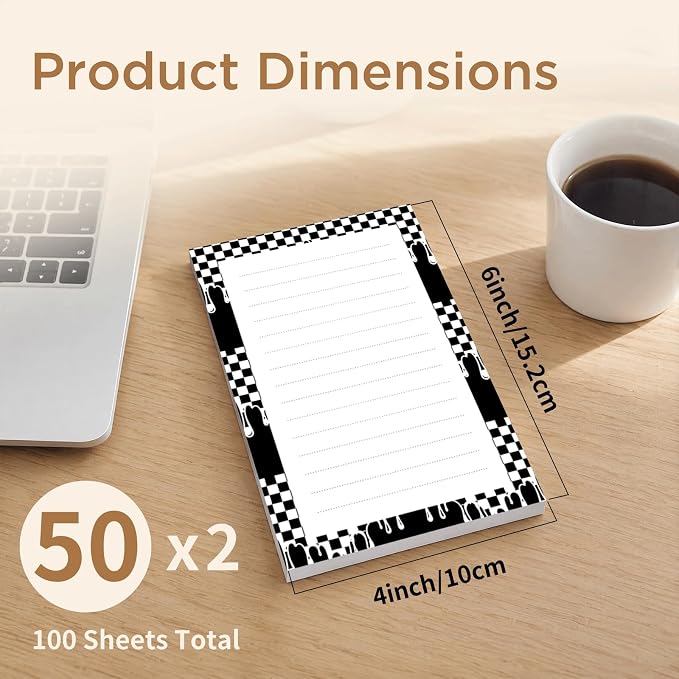 Lined Sticky Notes 4x6 in, 2 Pack Large Cute Notepads with Lines, Bright Post Memo Note Pads Big Rectangular Sticky Notes for Office Black White Checkerboard