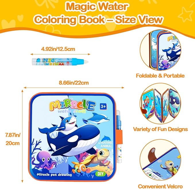 Ocean Water Coloring Book Toy for Toddler–Reusable Water Painting Book with Water Pen,Mess Free Coloring Magic Water Book for Kids,Preschool Educational Drawing Travel Toys for Boy/Girl Age 3+