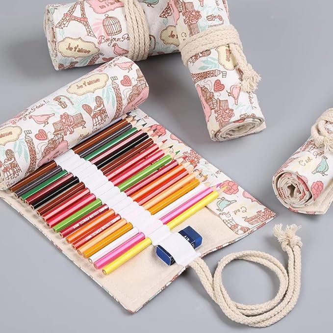 DIYOMR 12/24/36/72 Slots Pencil Wrap Pencil Rolls, Artist Colored Pencils Roll Up Bag Short Brushes Pouch Case Pencils Organizer for Drawing Coloring and Sketching, No Pencils (Paris Tower, 12slots)