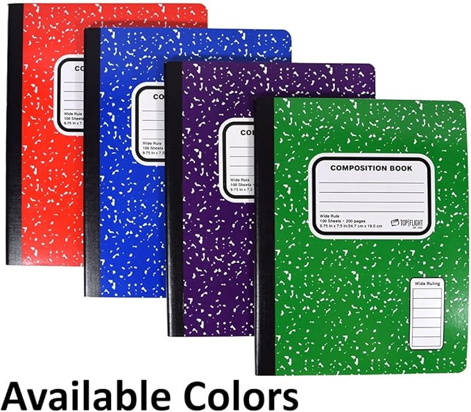 Top Flight Colored Marble Composition Book, 100 Sheets, Wide Rule, 9.75 x 7.5 Inches, 1 Book, Cover Color May Vary (41352)