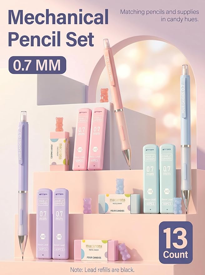 Four Candies 3PCS Cute Mechanical Pencils Set, 0.7mm with 360PCS Lead Refills, Pastel Erasers & Case, Clean Girl Aesthetic School Stuff for Teen Girls Everyday Writing and Schoolwork