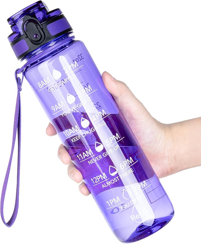 OLDLEY Water Bottle, 32oz Motivational Sports Water Bottle with Time Marker - Times to Drink - Tritan, BPA Free, Wide Mouth Leakproof, Anniversary Birthday Gifts for Men Women, Deep Purple (1 Bottle)