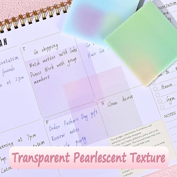 BAYTORY Glitter Transparent Sticky Notes, 3 x 3 Clear Memo Pads, Waterproof Self-Stick Note, See Through Aesthetic Self-Adhesive Note for Bible Accessories (Multicolor Gradient 200 Sheets)