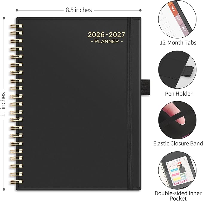 RETTACY Academic Planner 2026-2027, Weekly and Monthly, July 2026 - June 2027, Large Size (8.5" x 11"), Calendar, Agenda, 12-Month Tabs, for Student, Teacher, School (Black)