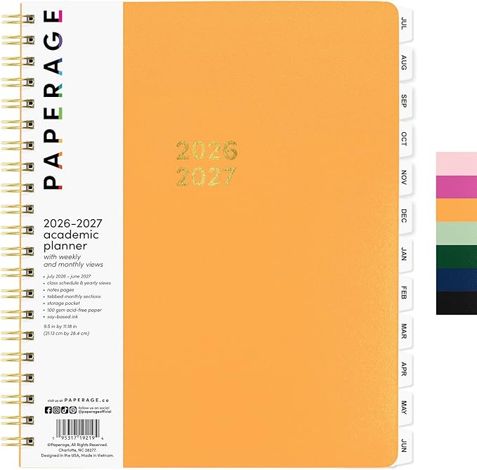 PAPERAGE Academic Planner, Weekly & Monthly Planner & Calendar, 12-Months, July 2026 - June 2027, (9.5" x 11"), School & Student Planning Agenda with Tabs, Bonus Pages & Inner Pocket, Marigold