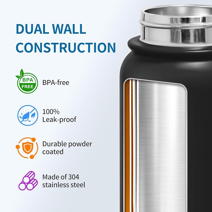 GOPPUS Insulated Water Bottle 20oz Stainless Steel BPA-Free Sports Bottle Ideal for School and Travel Silicone Spout Lid Prevents Leaks, Sweat, and Dust (Black)