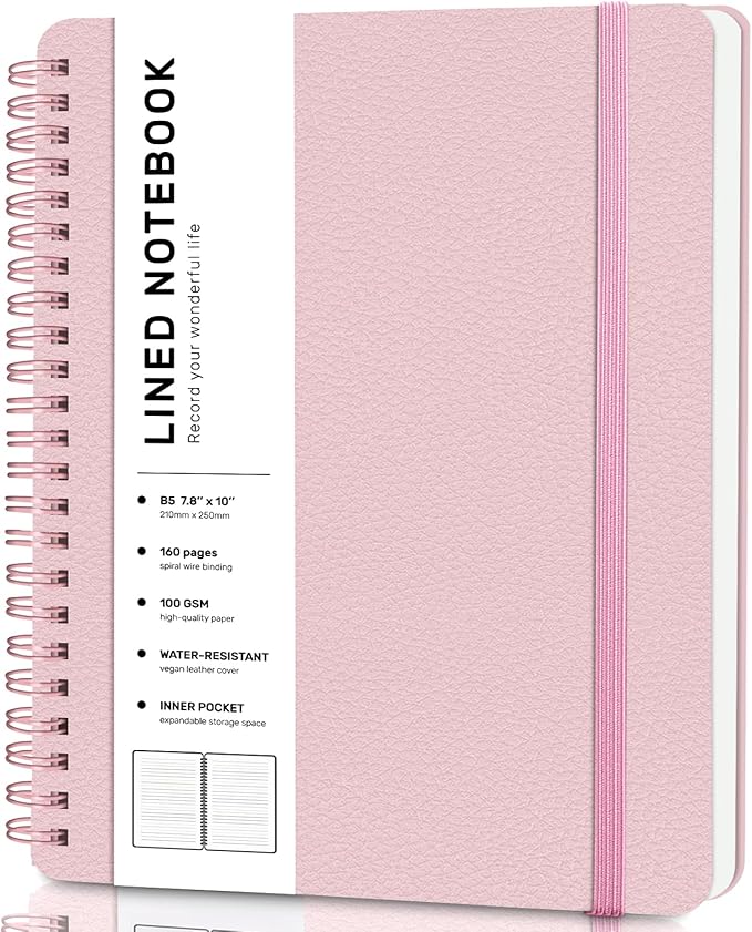 ABERLLS Lined Spiral Journal Notebook with 160 Pages, 7.8×10in, B5 Spiral Notebook, Journaling Notebooks for Work, School, Women, Men, College Ruled Spiral Notebook, Hardcover Leather Journals, Pink