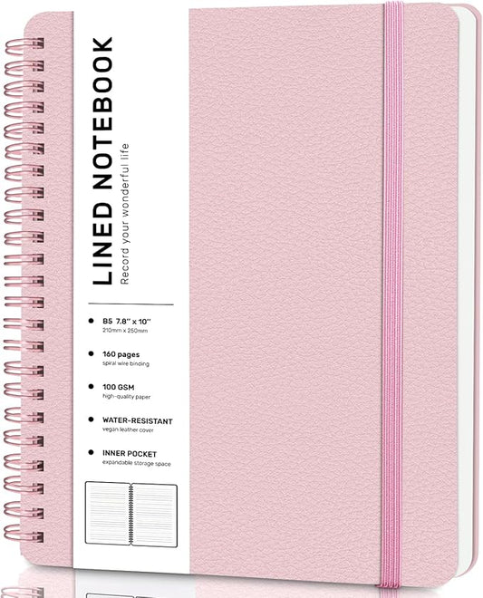ABERLLS Lined Spiral Journal Notebook with 160 Pages, 7.8×10in, B5 Spiral Notebook, Journaling Notebooks for Work, School, Women, Men, College Ruled Spiral Notebook, Hardcover Leather Journals, Pink